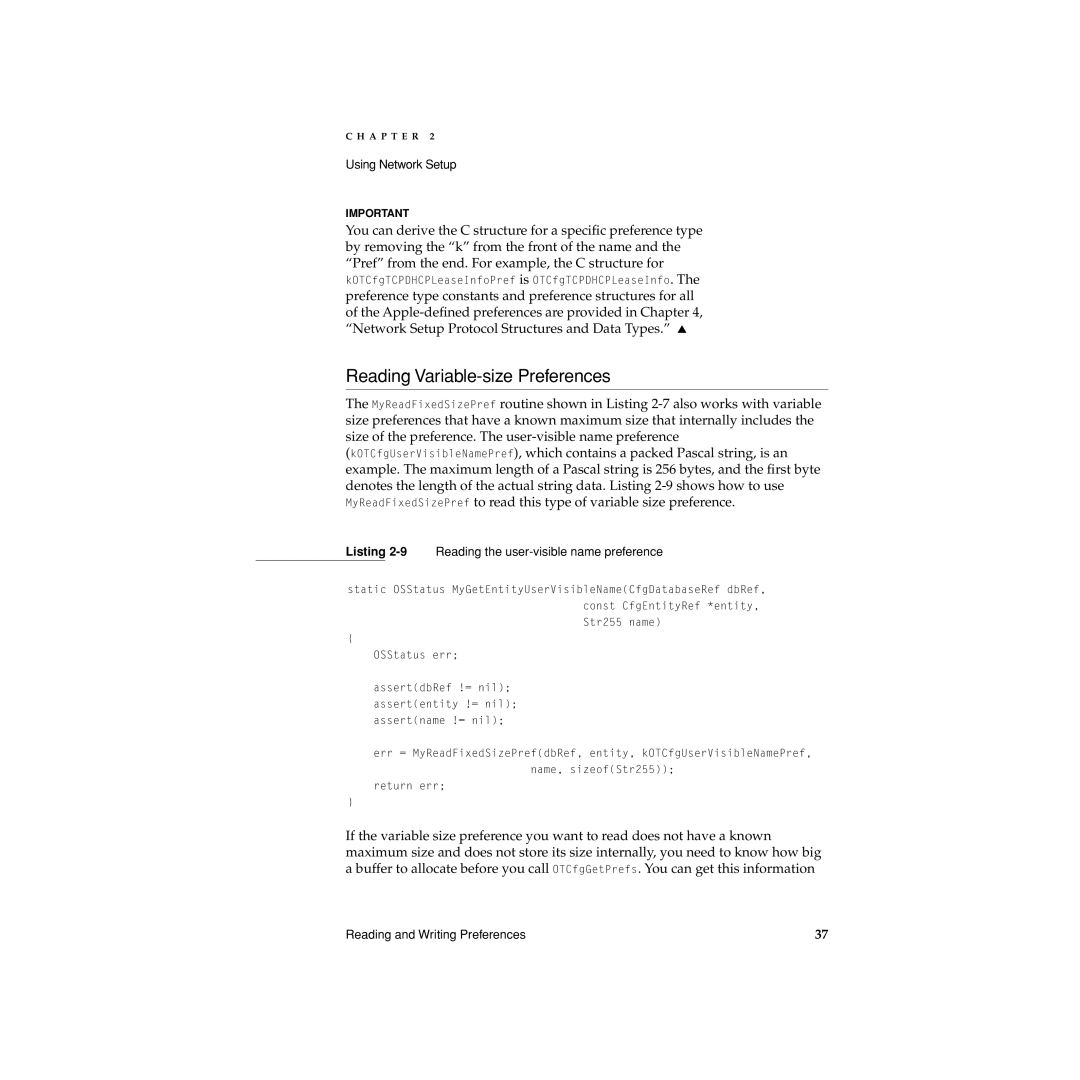 Apple Network Setup manual Reading Variable-size Preferences, Listing 2-9Reading the user-visible name preference 