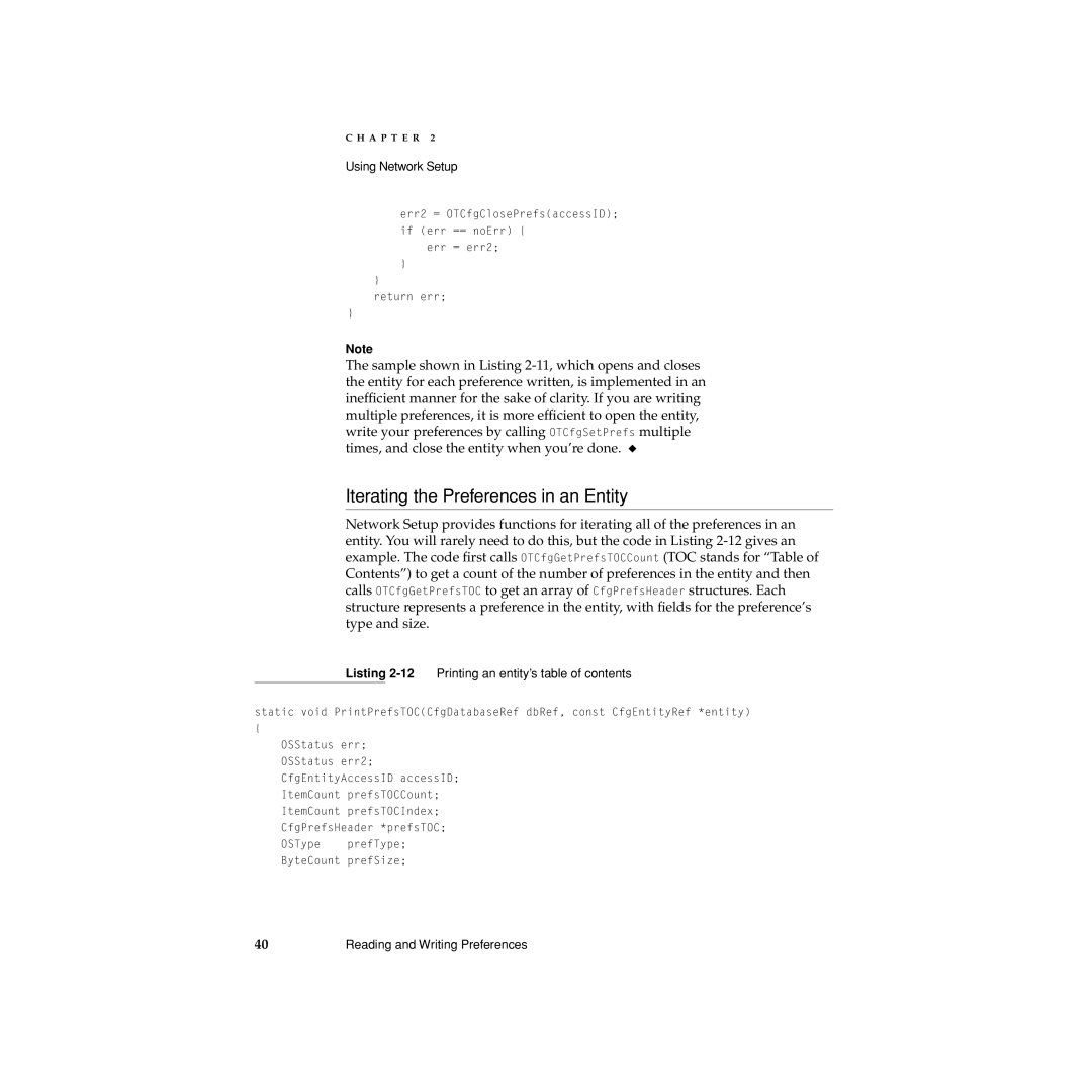 Apple Network Setup manual Iterating the Preferences in an Entity, Listing 2-12Printing an entity’s table of contents 