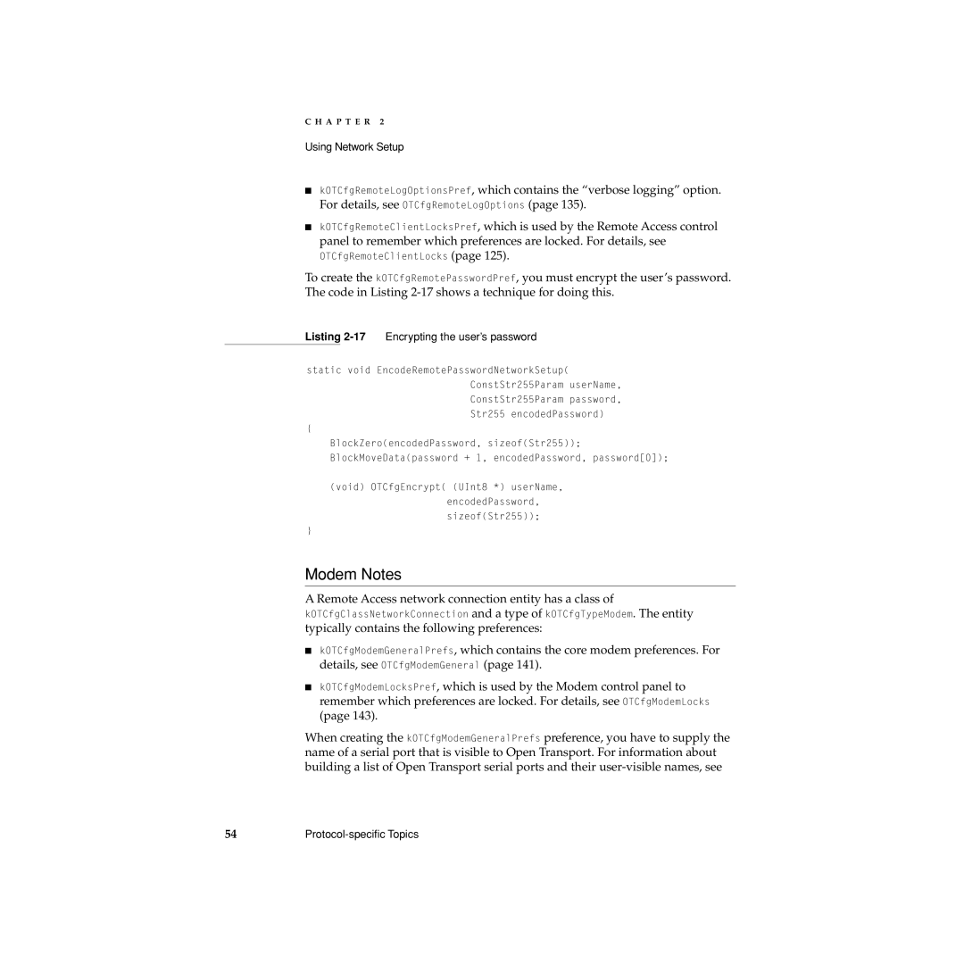 Apple Network Setup manual Modem Notes, Listing 2-17Encrypting the user’s password 