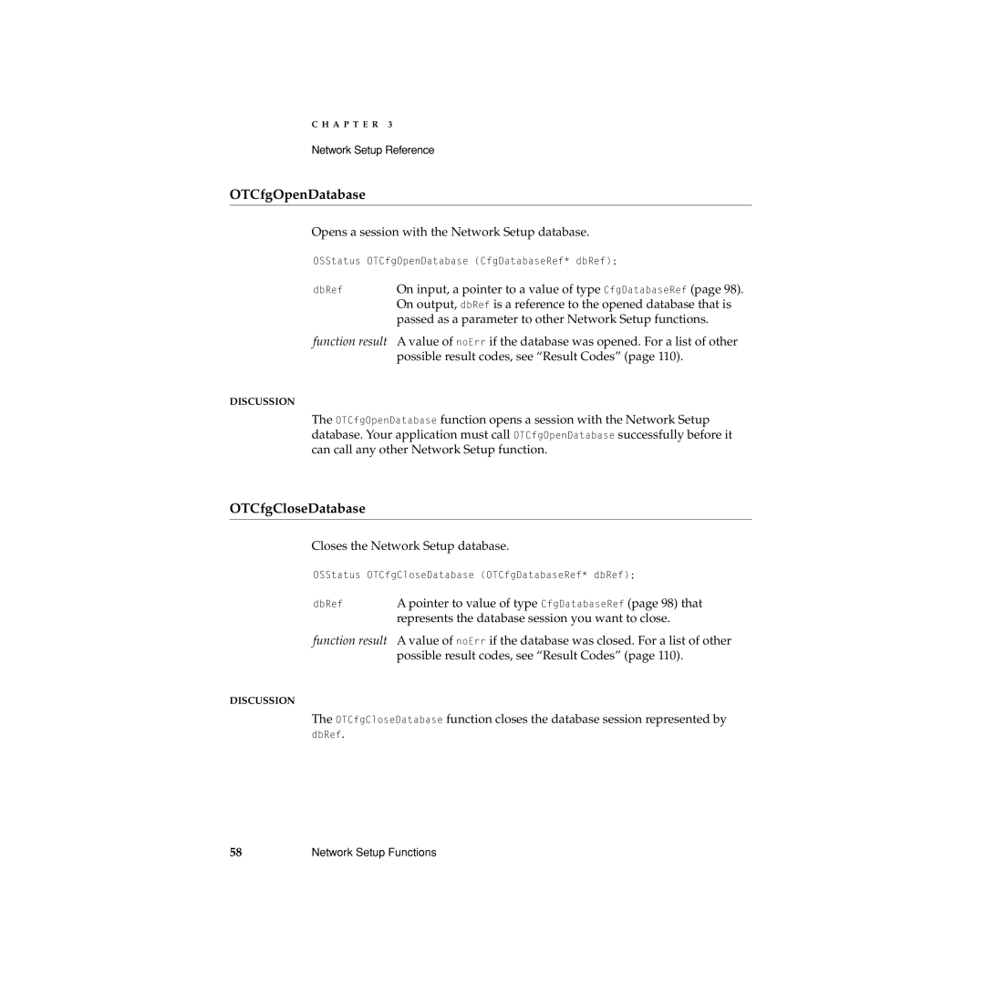 Apple Network Setup manual OTCfgOpenDatabase, OTCfgCloseDatabase 