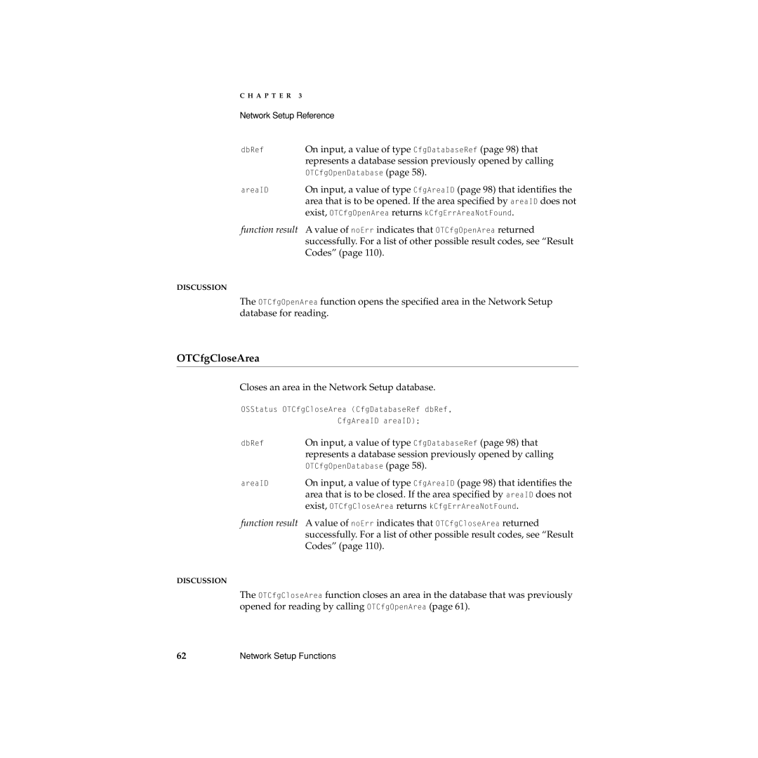 Apple Network Setup manual OTCfgCloseArea, On input, a value of type CfgAreaID page 98 that identiﬁes 