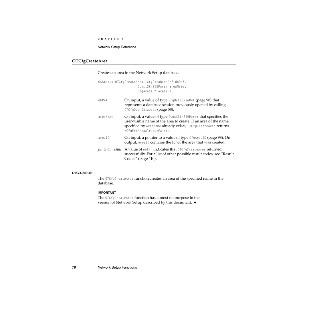 Apple manual OTCfgCreateArea, Creates an area in the Network Setup database 