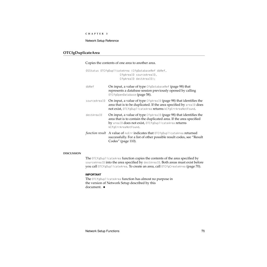 Apple Network Setup manual OTCfgDuplicateArea, Copies the contents of one area to another area 