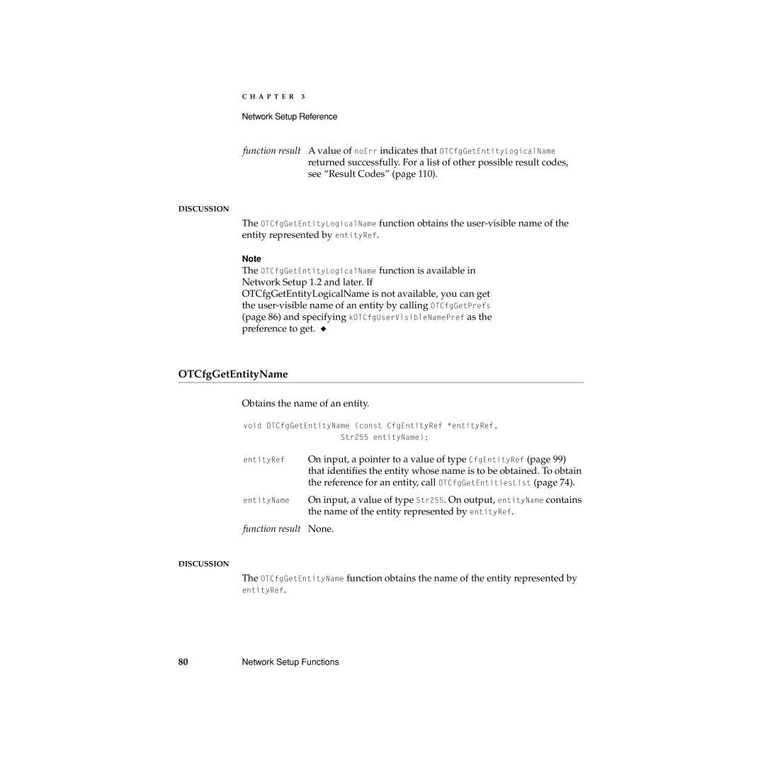 Apple Network Setup manual OTCfgGetEntityName, Obtains the name of an entity 