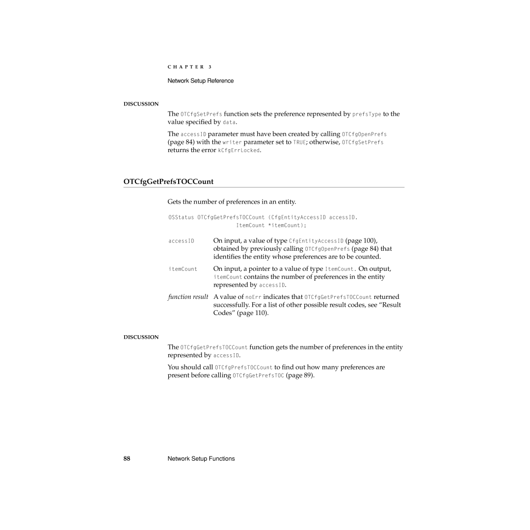 Apple Network Setup manual OTCfgGetPrefsTOCCount, Gets the number of preferences in an entity 