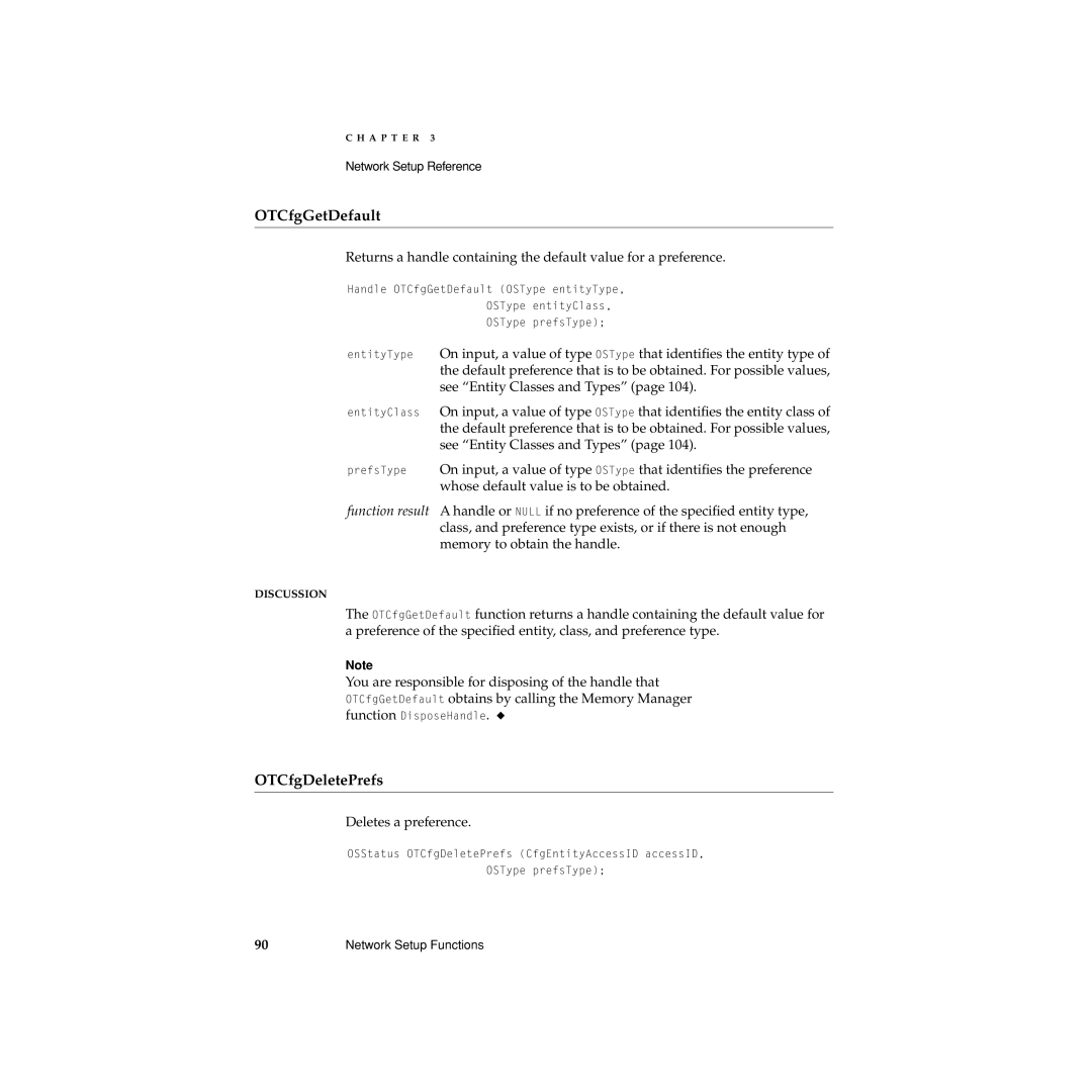 Apple Network Setup manual OTCfgGetDefault, OTCfgDeletePrefs, Deletes a preference 