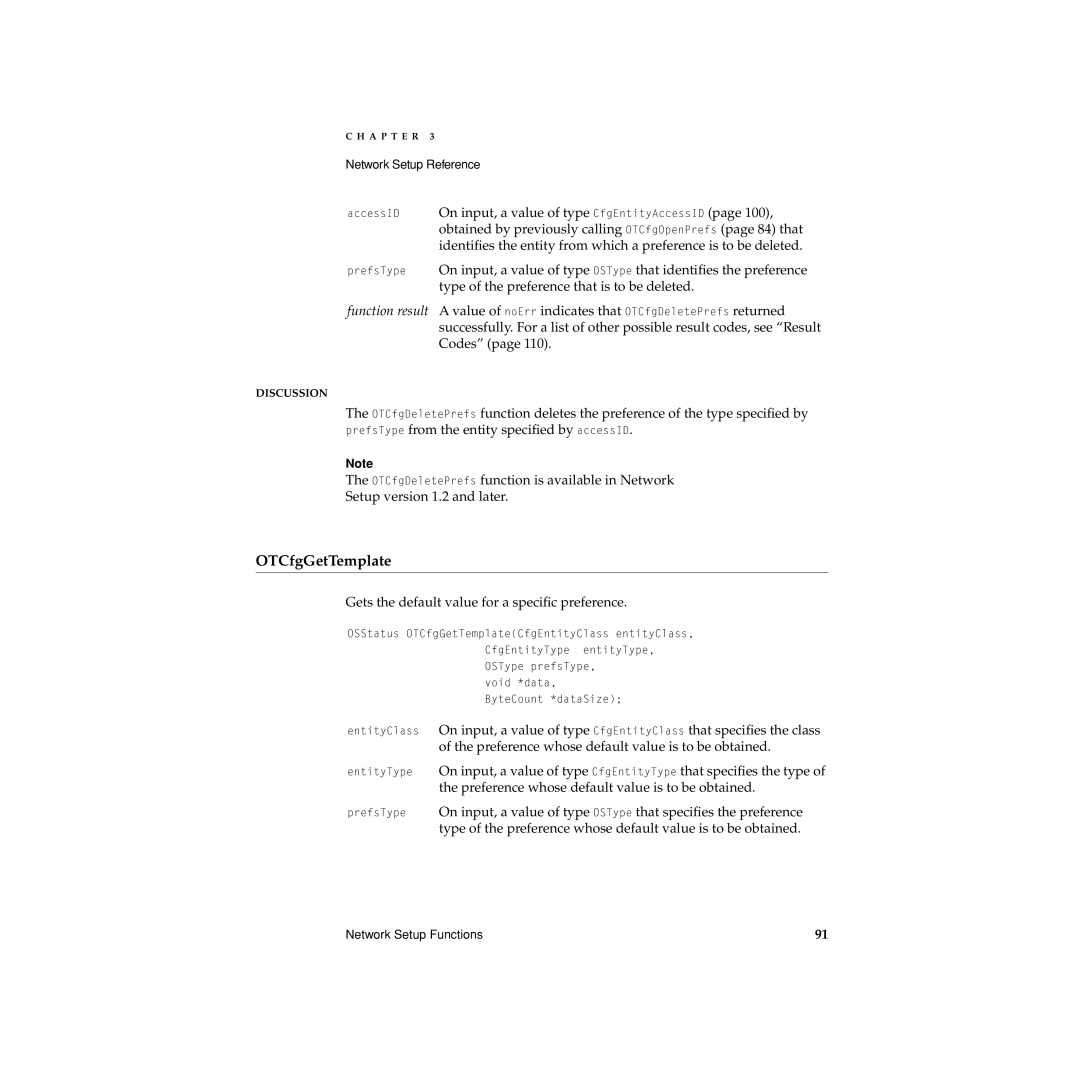 Apple Network Setup manual OTCfgGetTemplate, Gets the default value for a speciﬁc preference 