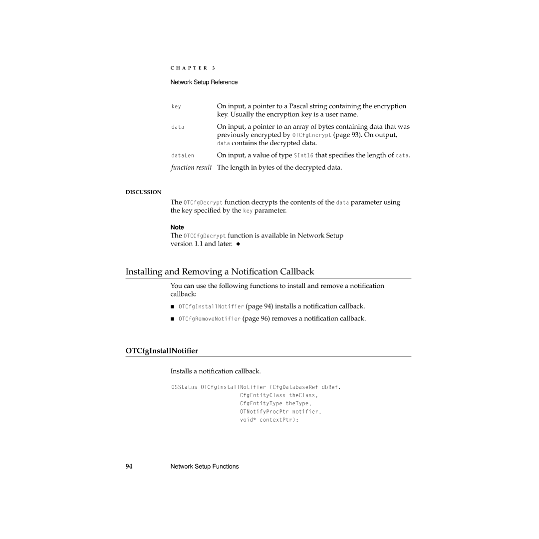 Apple Network Setup manual Installing and Removing a Notiﬁcation Callback, OTCfgInstallNotiﬁer 