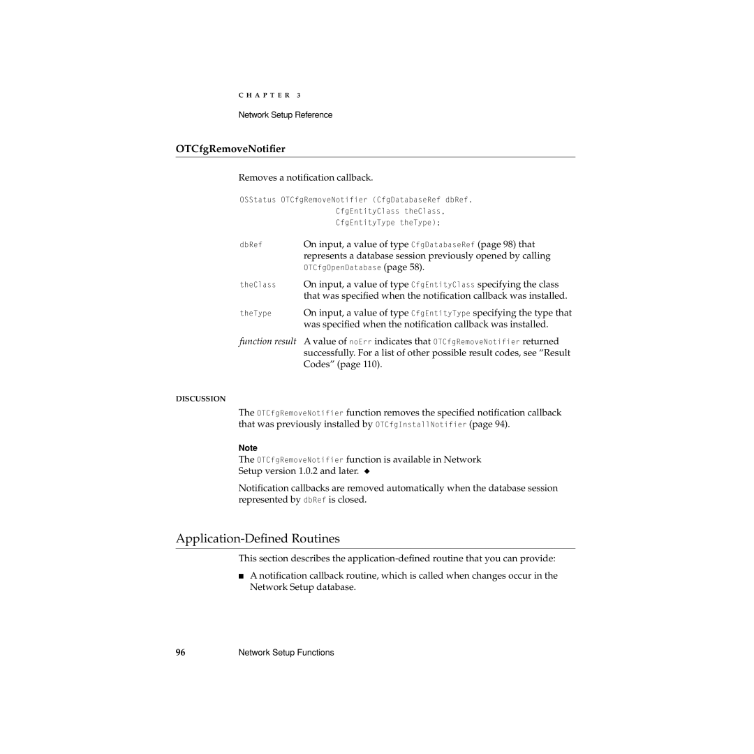Apple Network Setup manual Application-Deﬁned Routines, OTCfgRemoveNotiﬁer, Removes a notiﬁcation callback 
