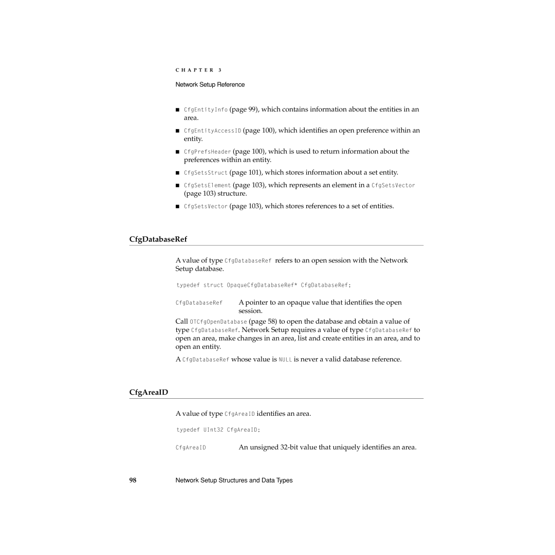 Apple Network Setup manual CfgDatabaseRef, Value of type CfgAreaID identiﬁes an area 