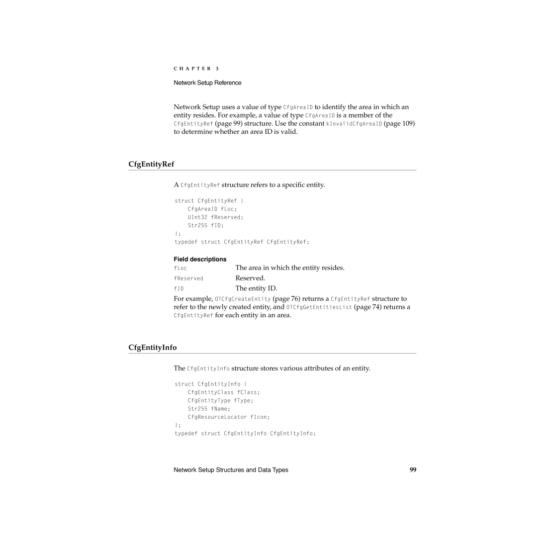 Apple Network Setup CfgEntityInfo, CfgEntityRef structure refers to a speciﬁc entity, Area in which the entity resides 