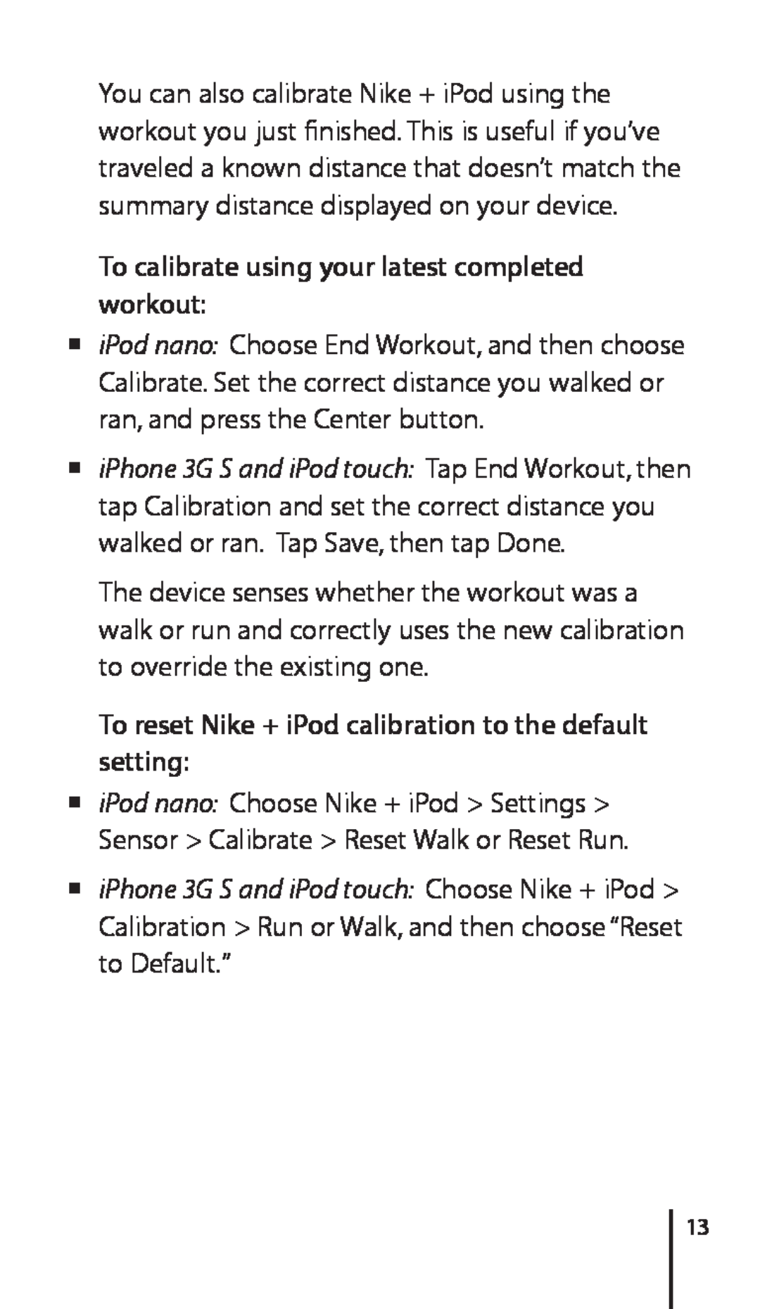 Apple 034-4945-A To calibrate using your latest completed workout, To reset Nike + iPod calibration to the default setting 
