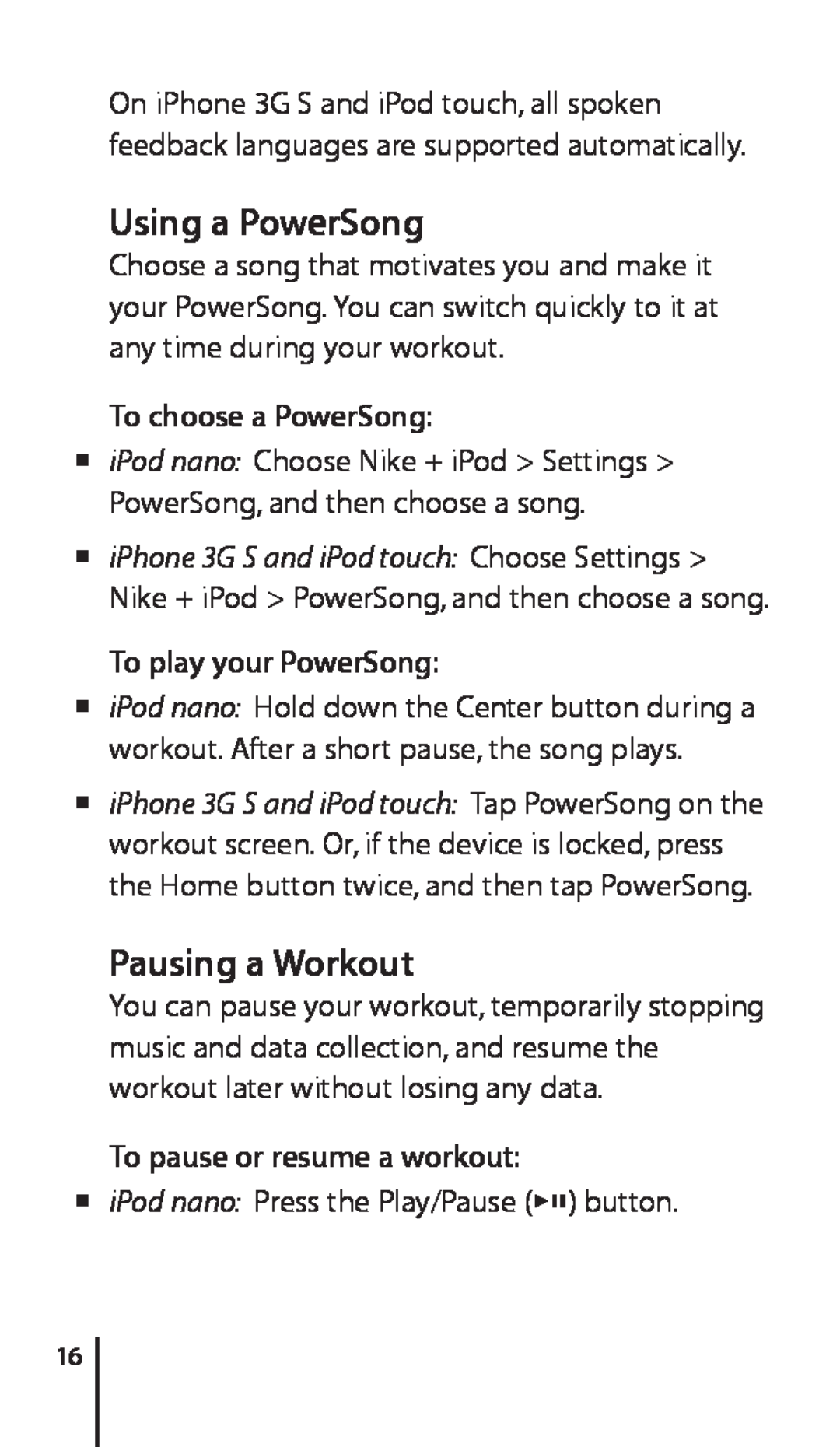 Apple Nike + iPod Sensor, 034-4945-A Using a PowerSong, Pausing a Workout, To choose a PowerSong, To play your PowerSong 