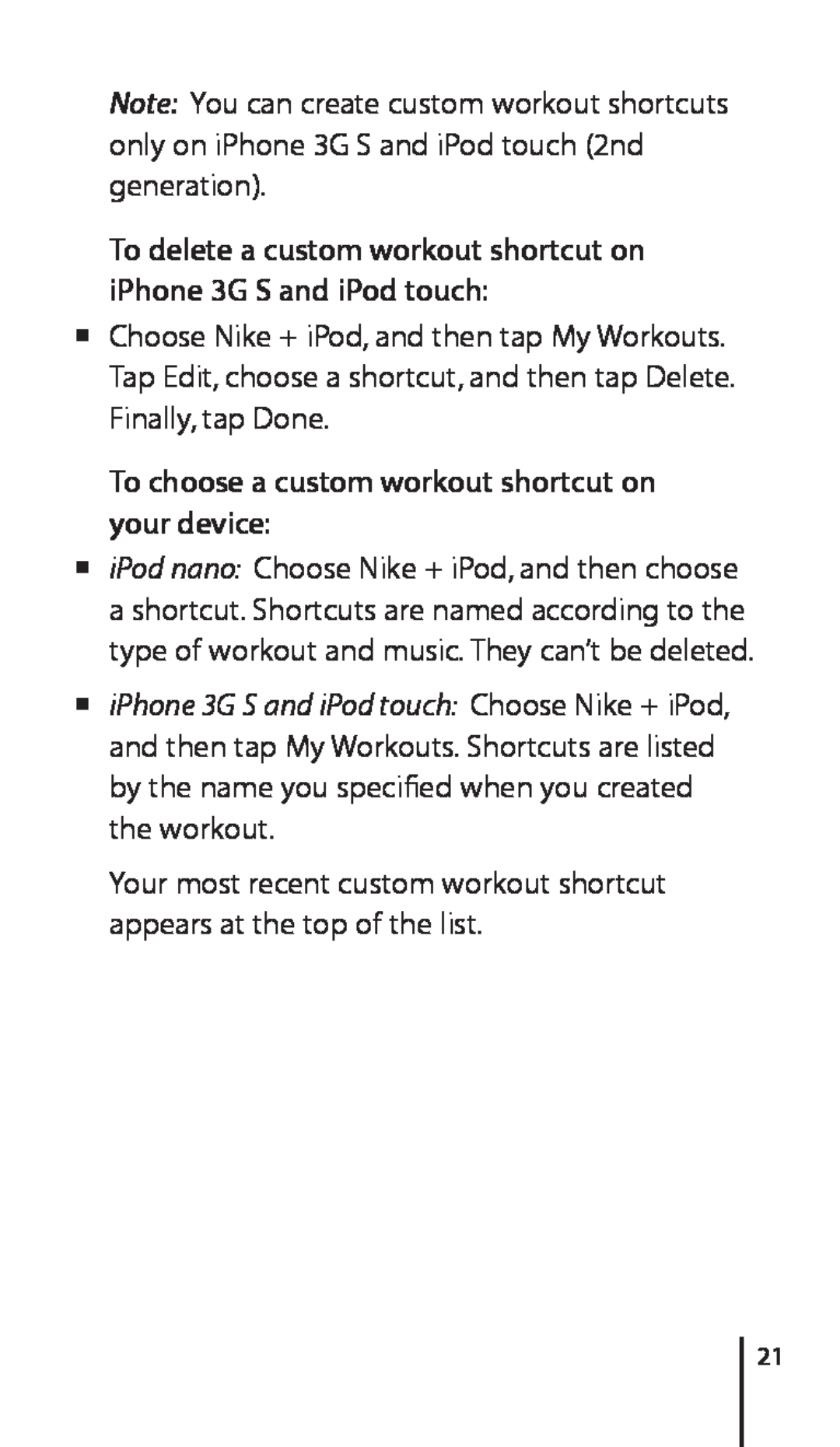 Apple 034-4945-A, Nike + iPod Sensor manual To delete a custom workout shortcut on iPhone 3G S and iPod touch 