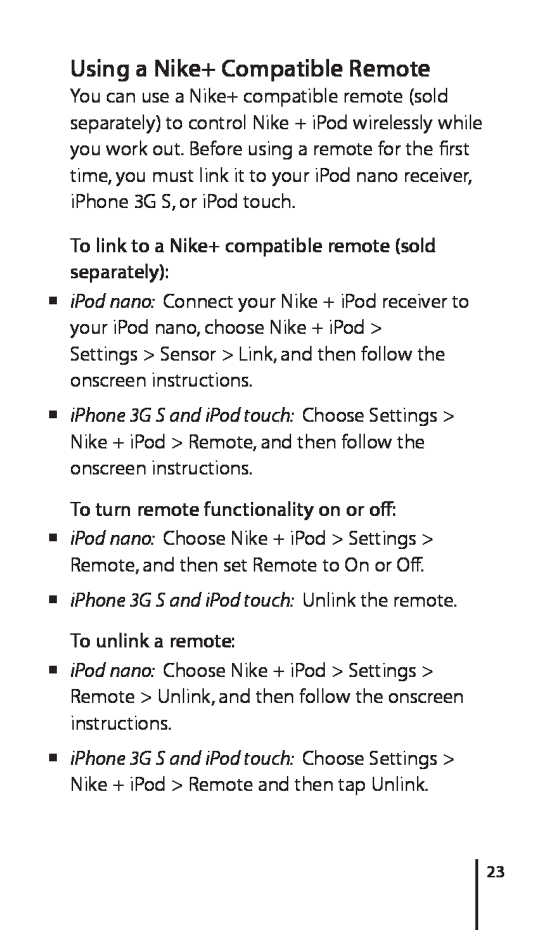 Apple 034-4945-A Using a Nike+ Compatible Remote, To link to a Nike+ compatible remote sold separately, To unlink a remote 