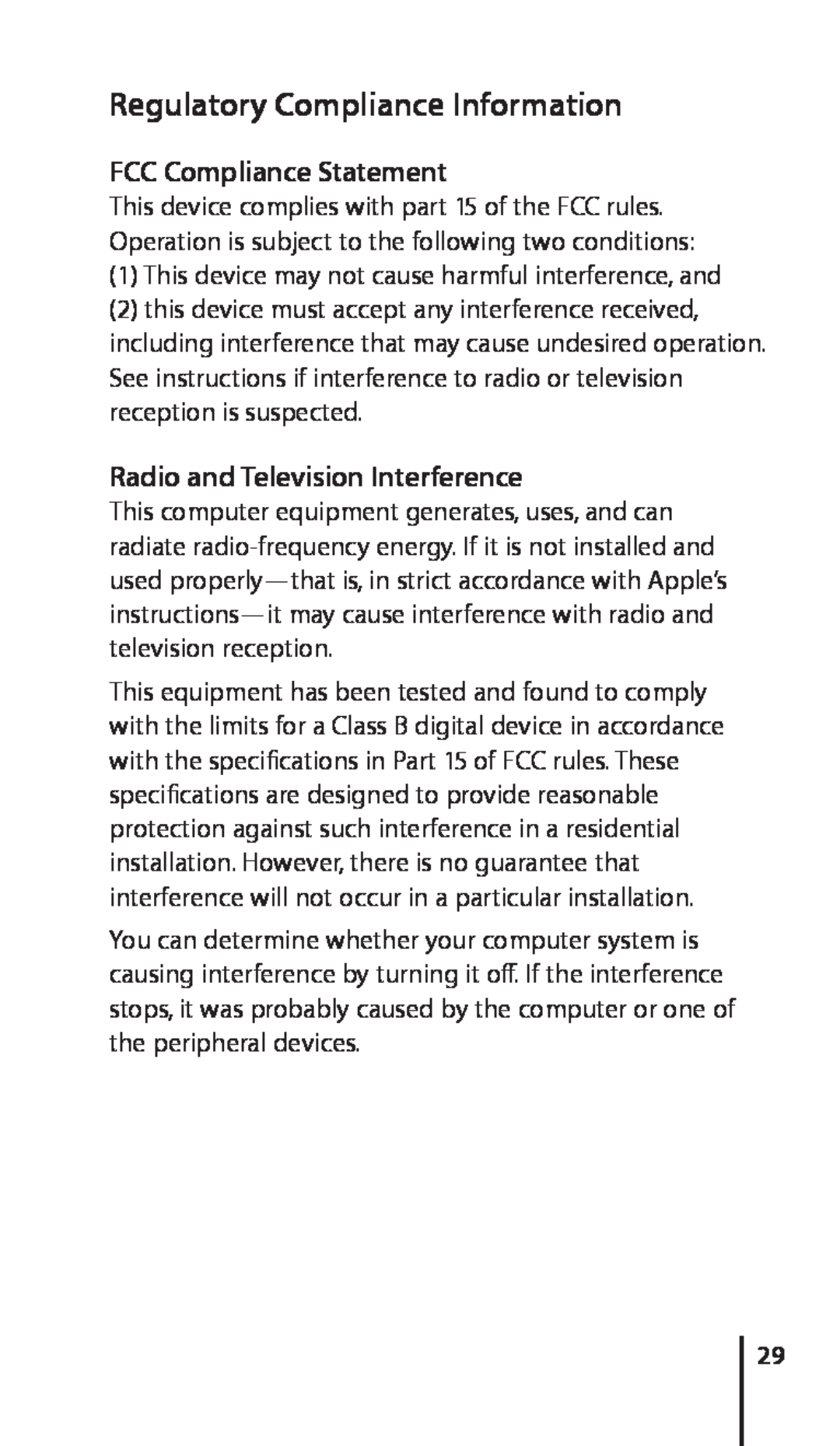 Apple 034-4945-A manual FCC Compliance Statement, Radio and Television Interference, Regulatory Compliance Information 