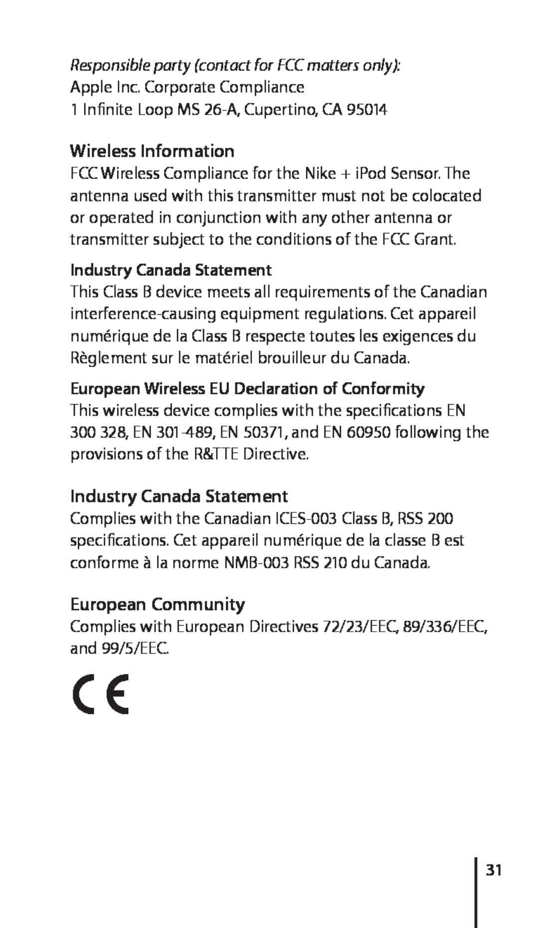 Apple 034-4945-A, Nike + iPod Sensor manual Wireless Information, Industry Canada Statement, European Community 