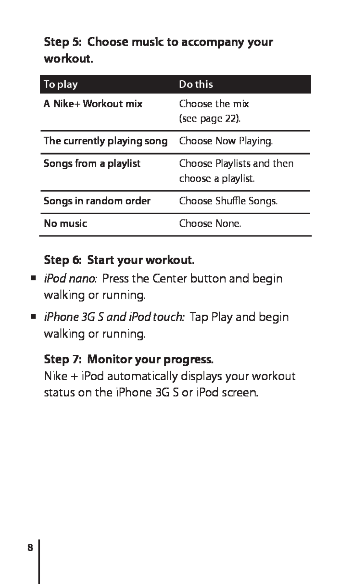 Apple Nike + iPod Sensor manual Choose music to accompany your workout, Start your workout, Monitor your progress, To play 