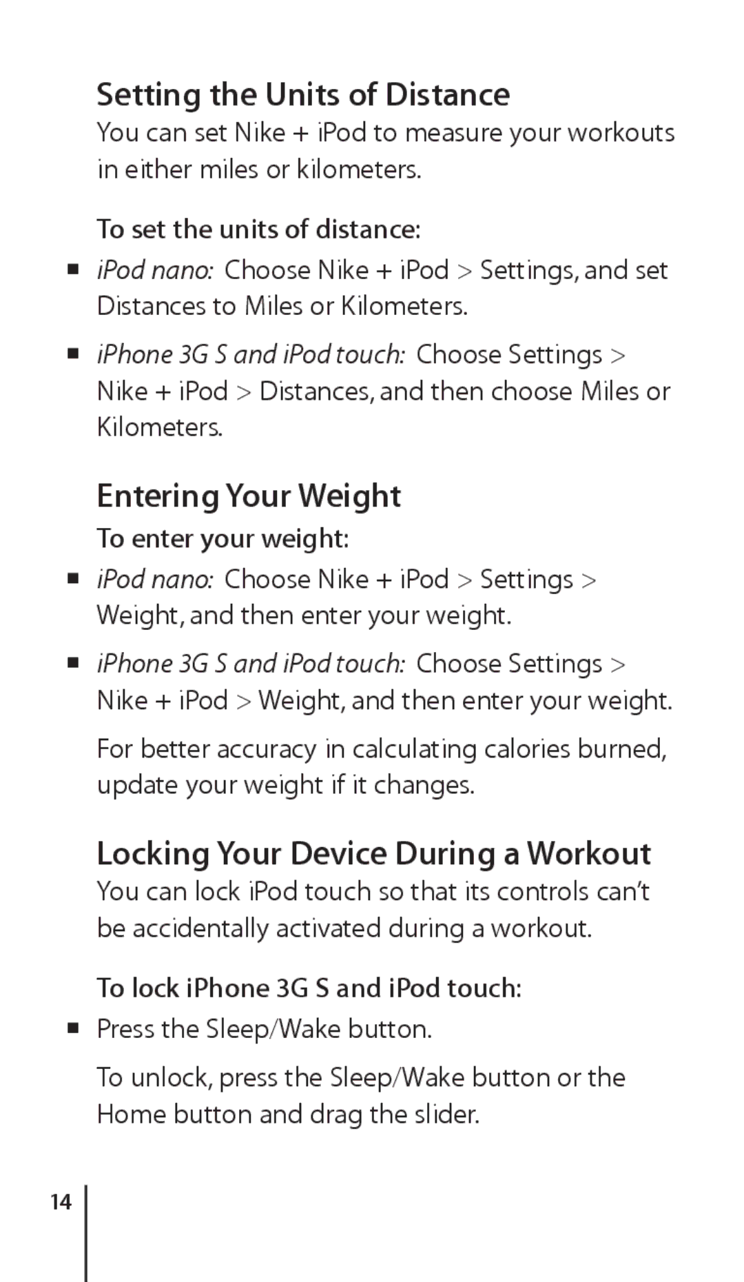 Apple Nike + iPod Sensor manual Setting the Units of Distance, Entering Your Weight, Locking Your Device During a Workout 