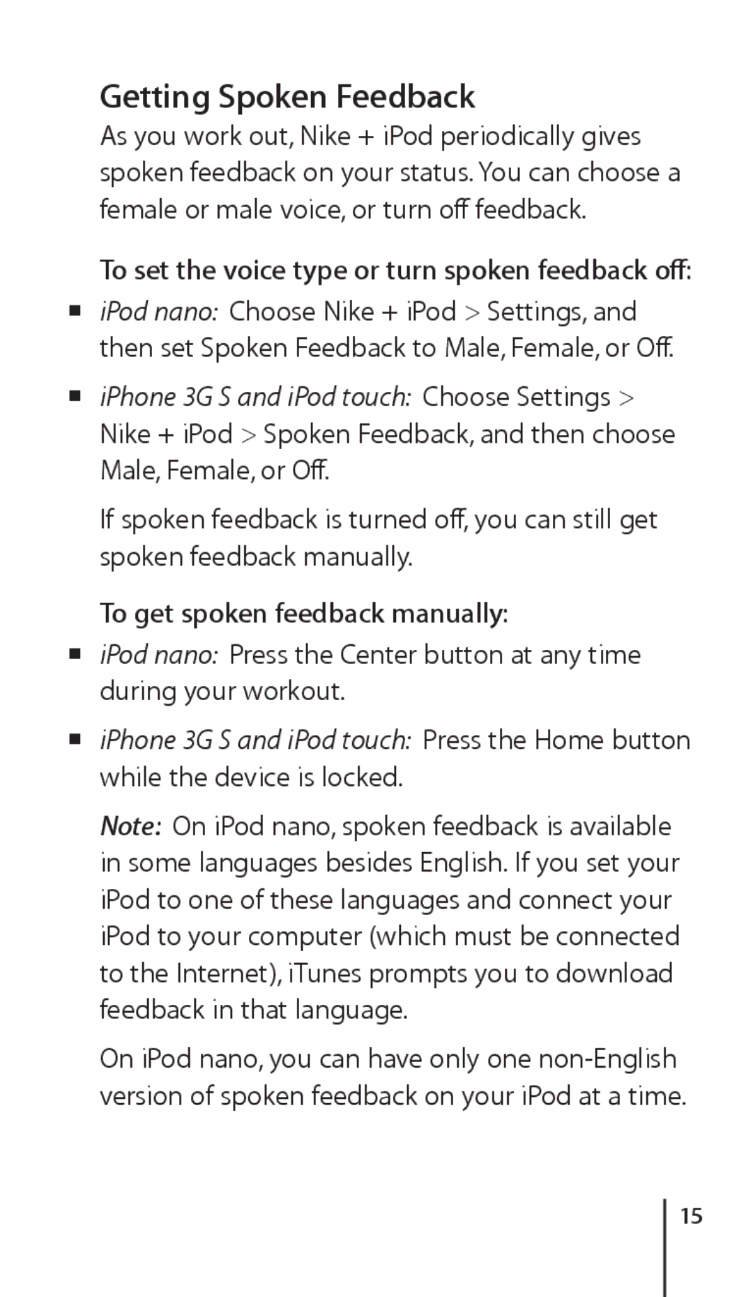 Apple 034-4945-A, Nike + iPod Sensor manual Getting Spoken Feedback, To set the voice type or turn spoken feedback off 