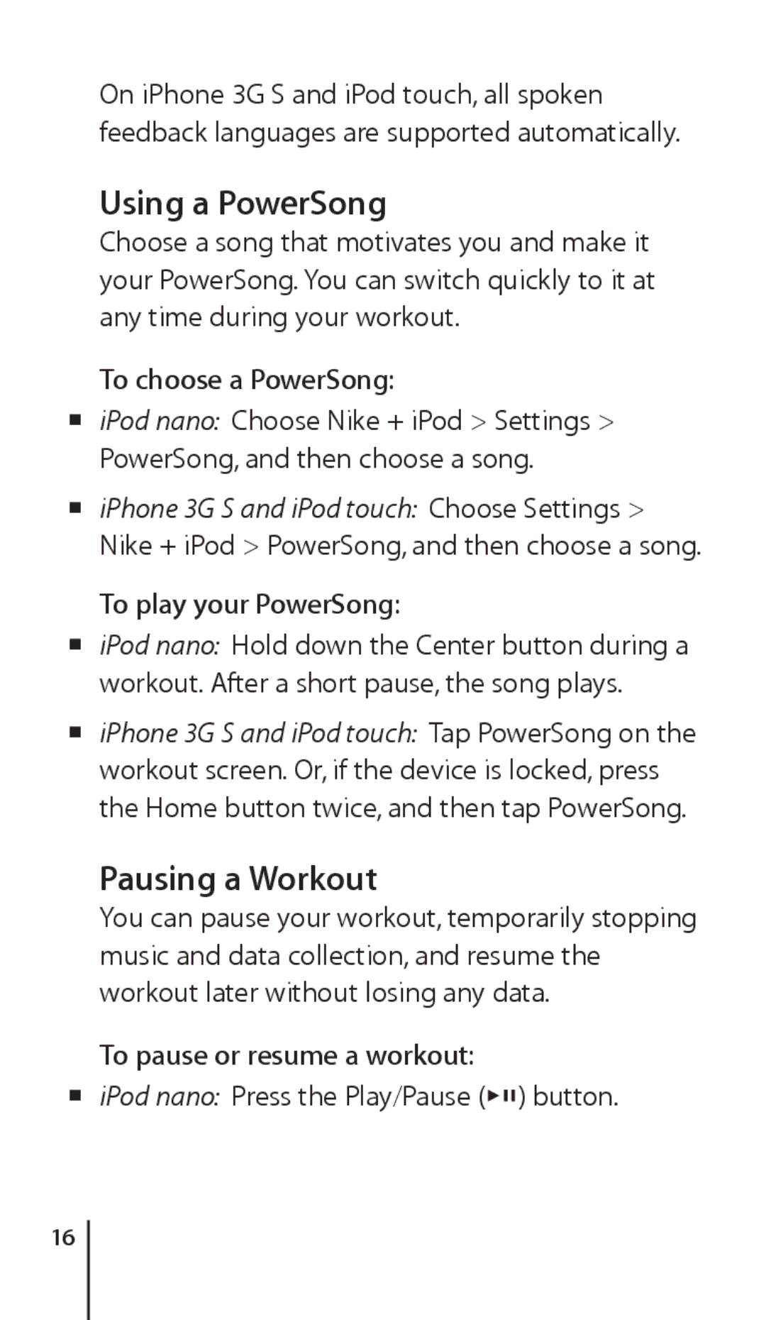 Apple Nike + iPod Sensor, 034-4945-A Using a PowerSong, Pausing a Workout, To choose a PowerSong, To play your PowerSong 