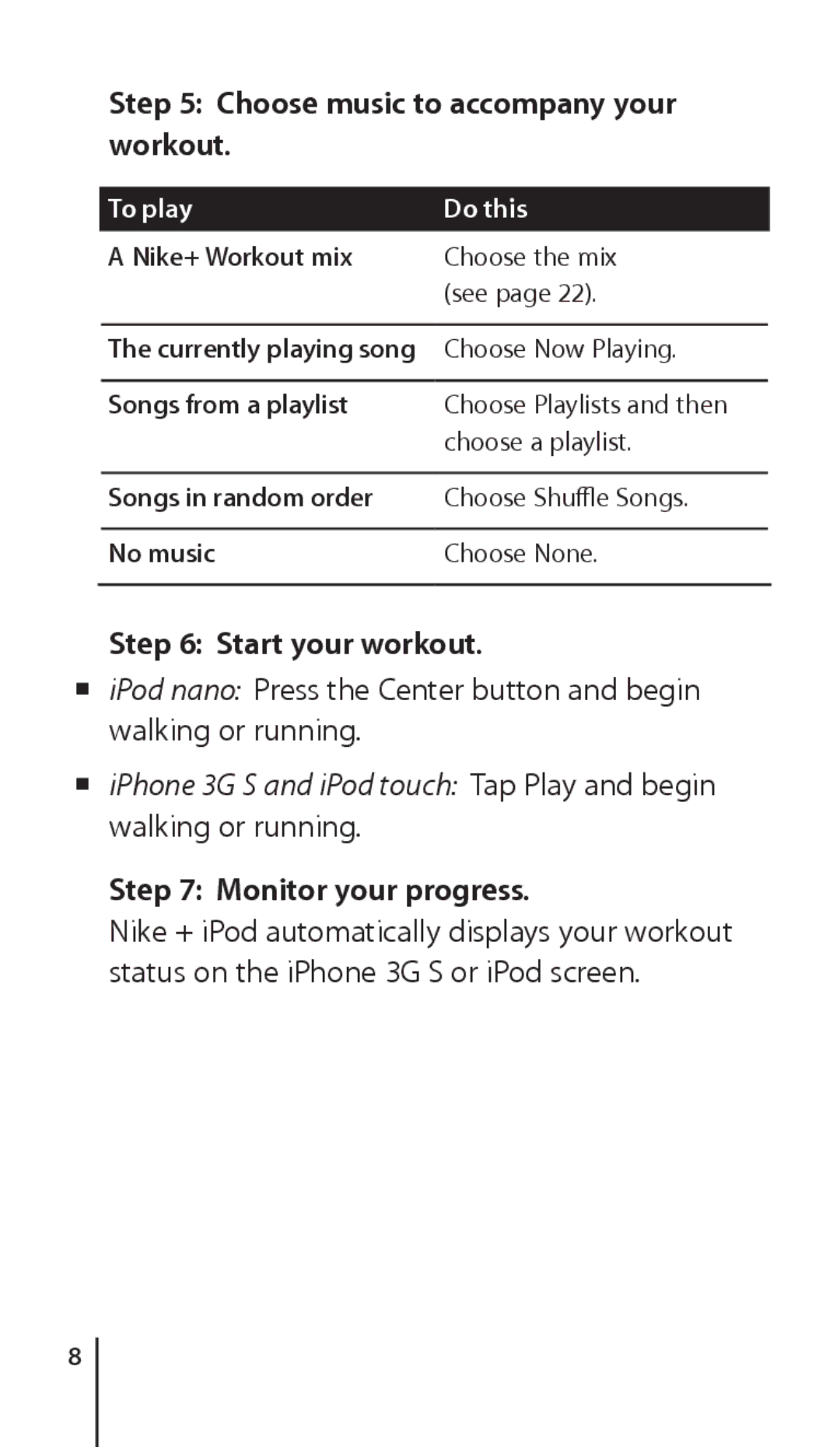 Apple Nike + iPod Sensor, 034-4945-A Choose music to accompany your workout, Start your workout, Monitor your progress 