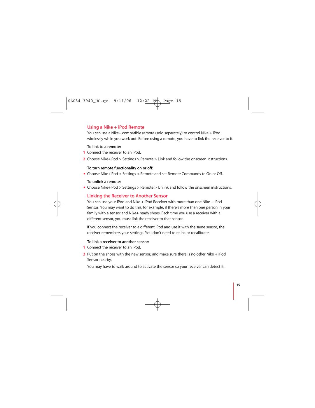 Apple manual Using a Nike + iPod Remote, Linking the Receiver to Another Sensor 