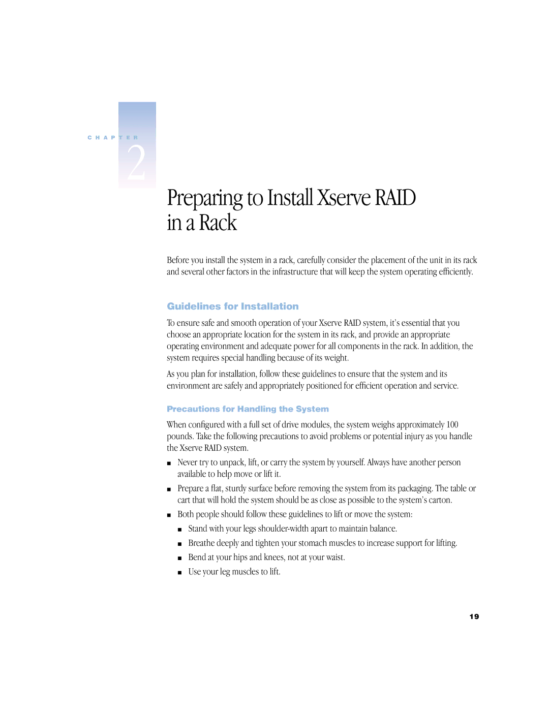 Apple NMB-003 manual Preparing to Install Xserve RAID in a Rack, Guidelines for Installation, Use your leg muscles to lift 