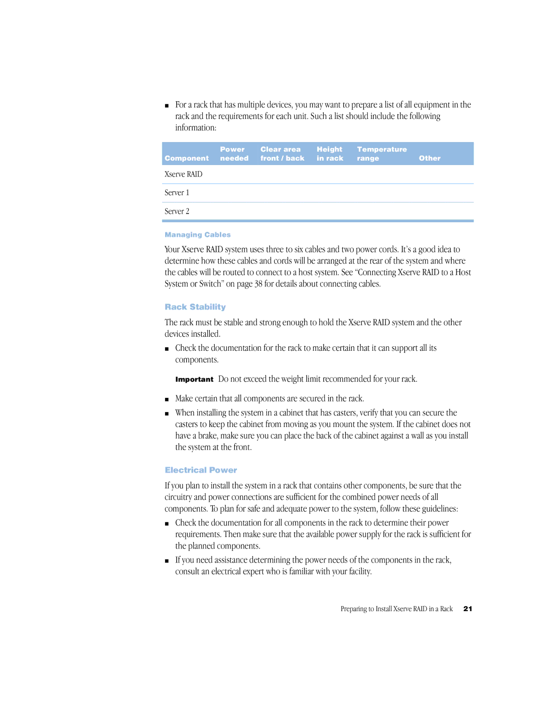 Apple NMB-003 manual Rack Stability, Electrical Power 