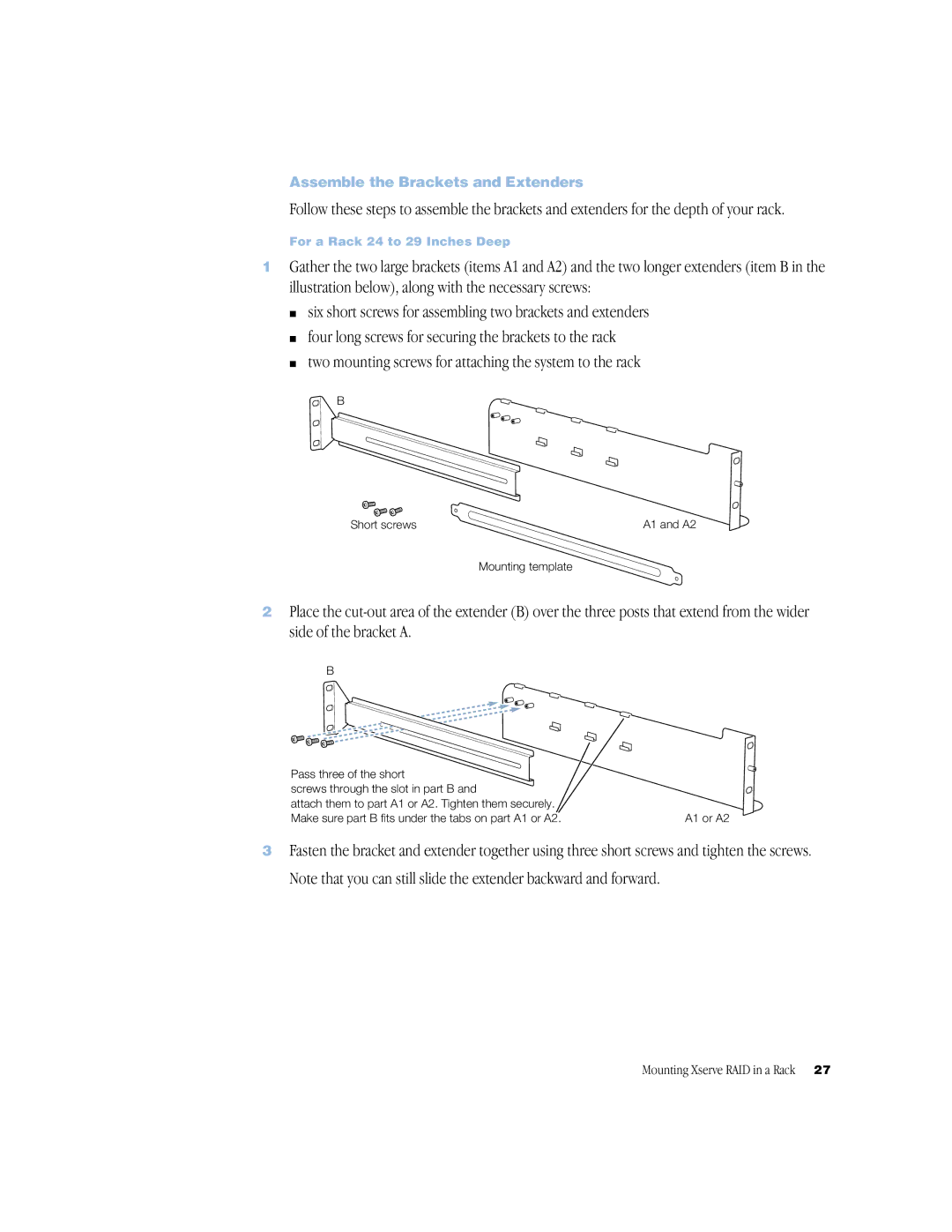 Apple NMB-003 manual Two mounting screws for attaching the system to the rack, Assemble the Brackets and Extenders 