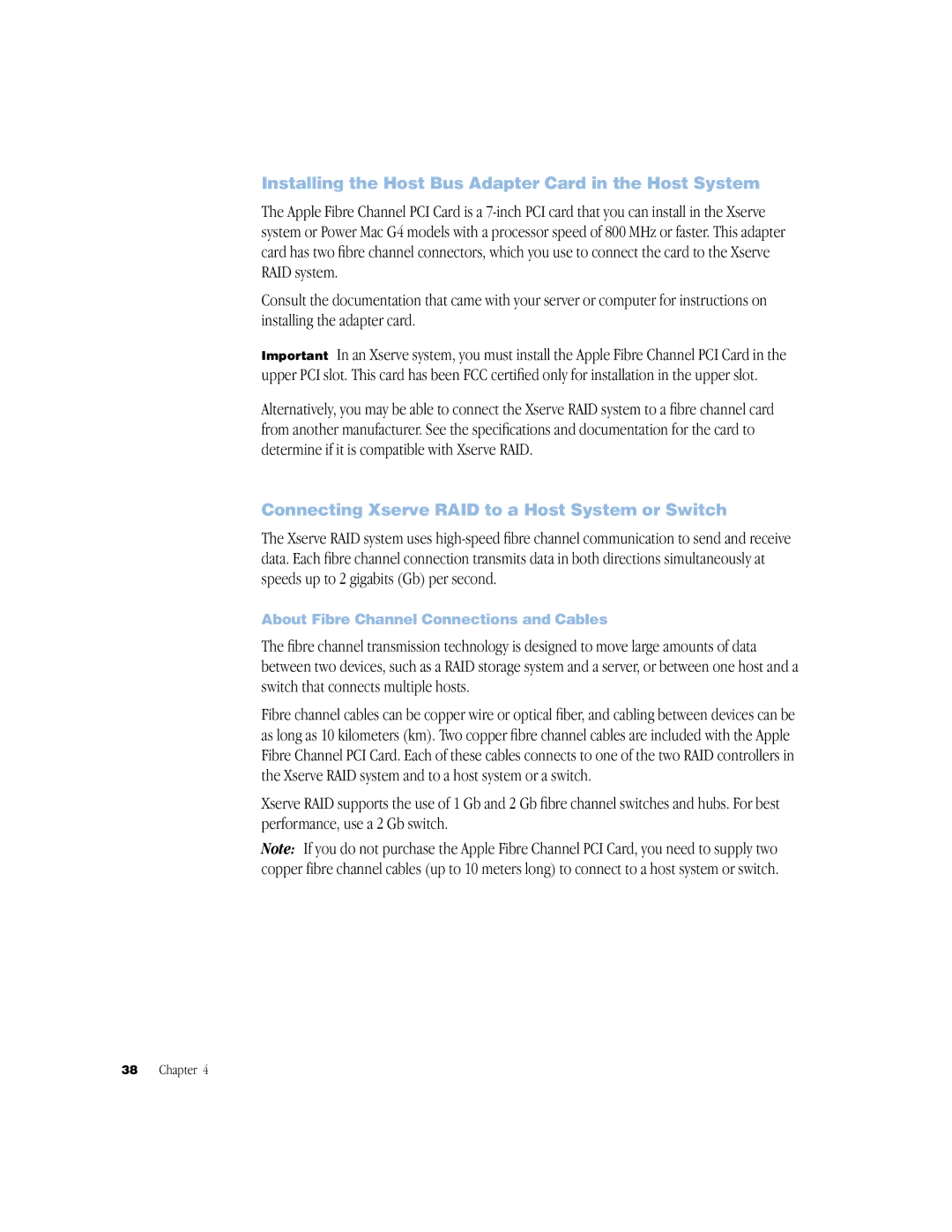 Apple NMB-003 Installing the Host Bus Adapter Card in the Host System, Connecting Xserve RAID to a Host System or Switch 