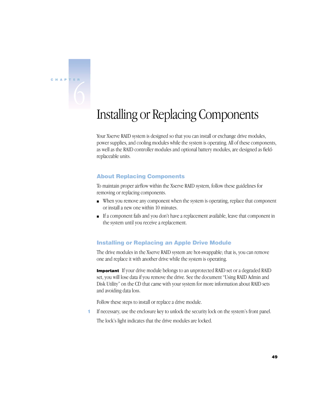 Apple NMB-003 manual About Replacing Components, Installing or Replacing an Apple Drive Module 