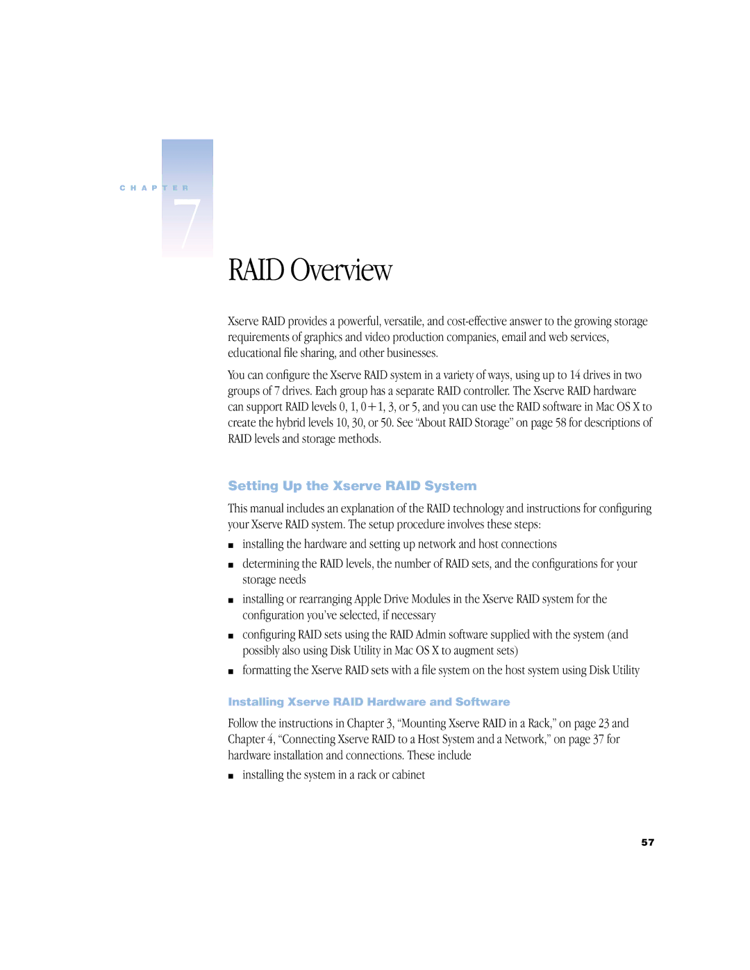 Apple NMB-003 manual RAID Overview, Setting Up the Xserve RAID System, Installing the system in a rack or cabinet 