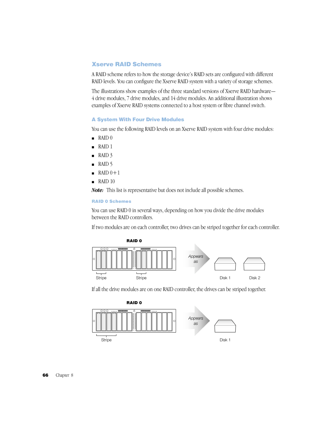 Apple NMB-003 manual Xserve RAID Schemes, RAID RAID 0+1, System With Four Drive Modules 