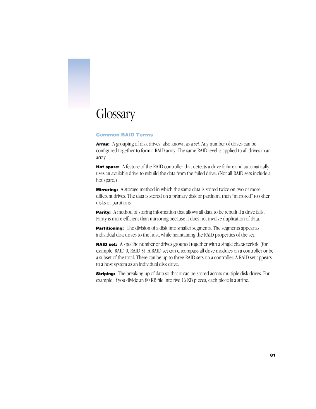 Apple NMB-003 manual Glossary, Common RAID Terms 