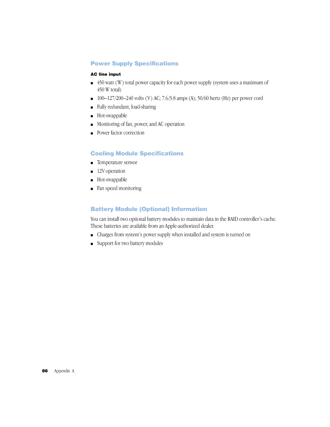 Apple NMB-003 manual Power Supply Specifications, Cooling Module Specifications, Battery Module Optional Information 