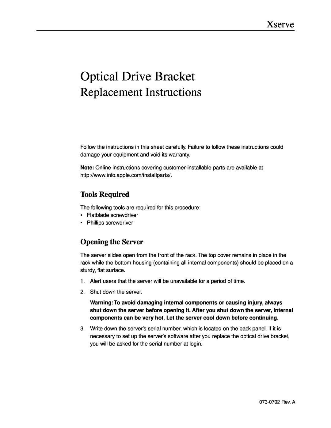 Apple Optical Drive Bracket warranty Tools Required, Opening the Server, Replacement Instructions, Xserve 