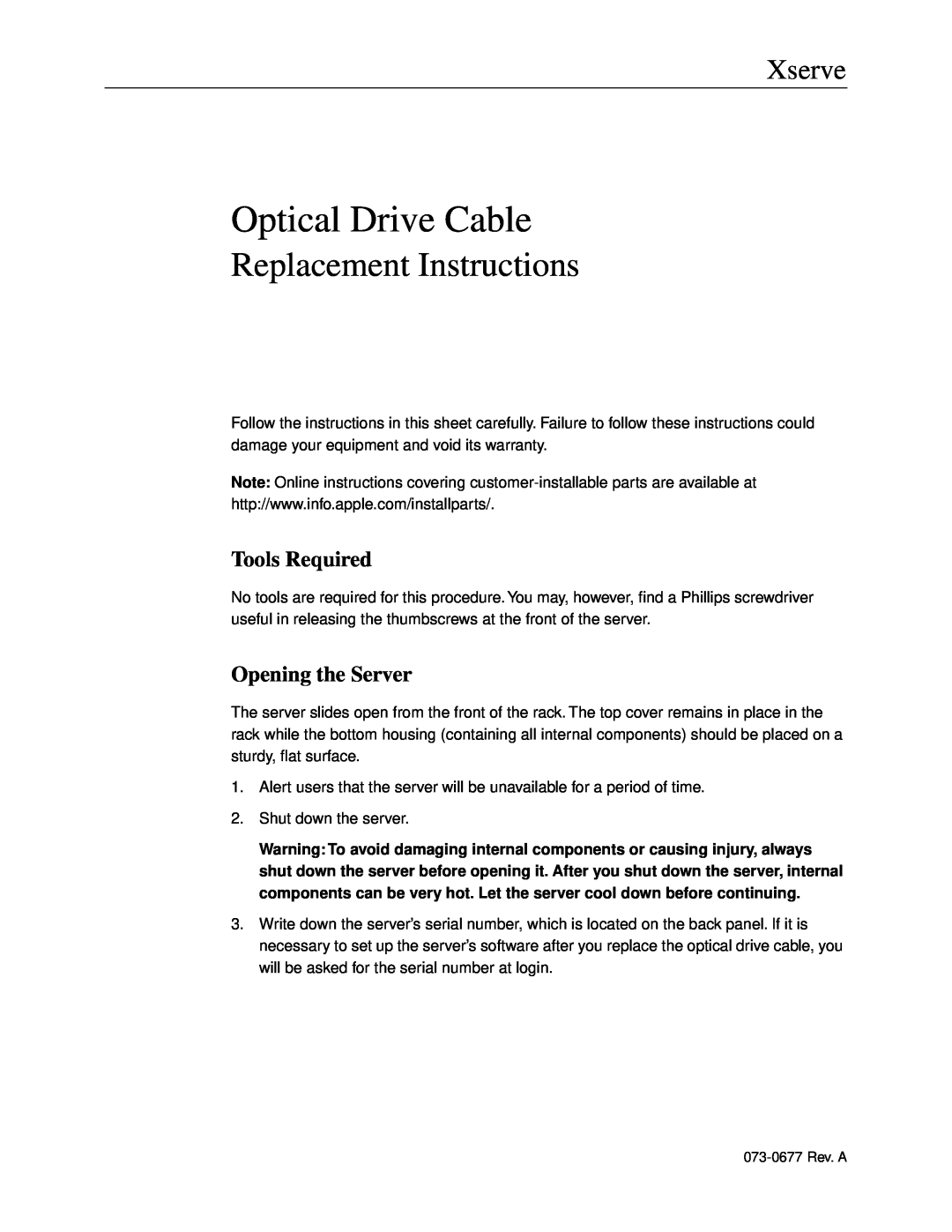 Apple Optical Drive Cable warranty Tools Required, Opening the Server, Replacement Instructions, Xserve 