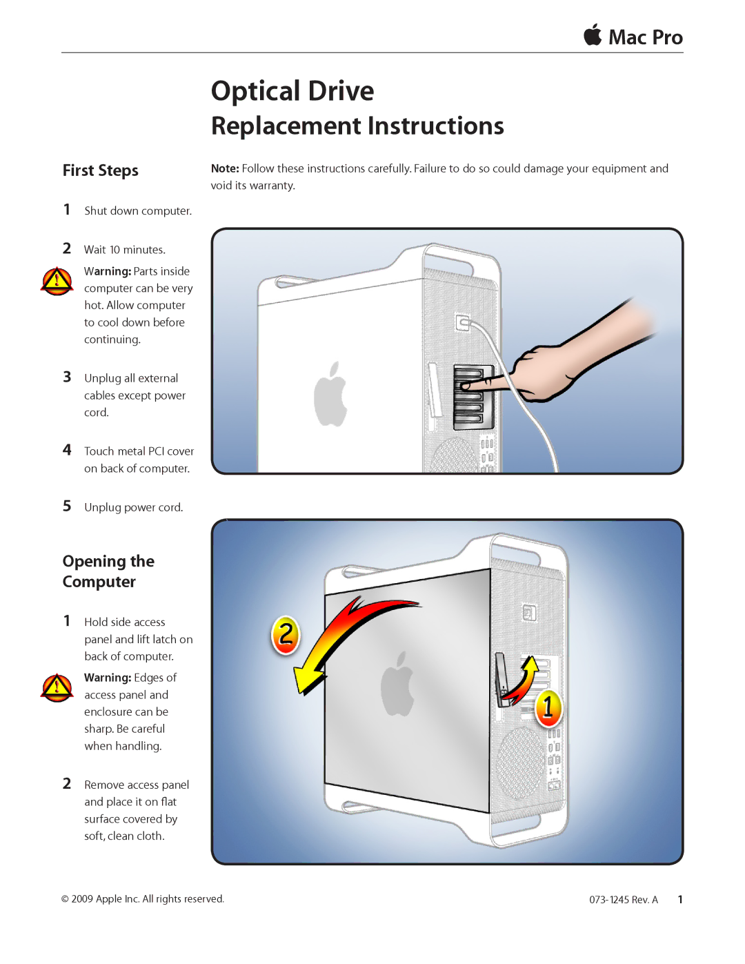 Apple Optical Drive warranty First Steps, Opening Computer, Unplug power cord 