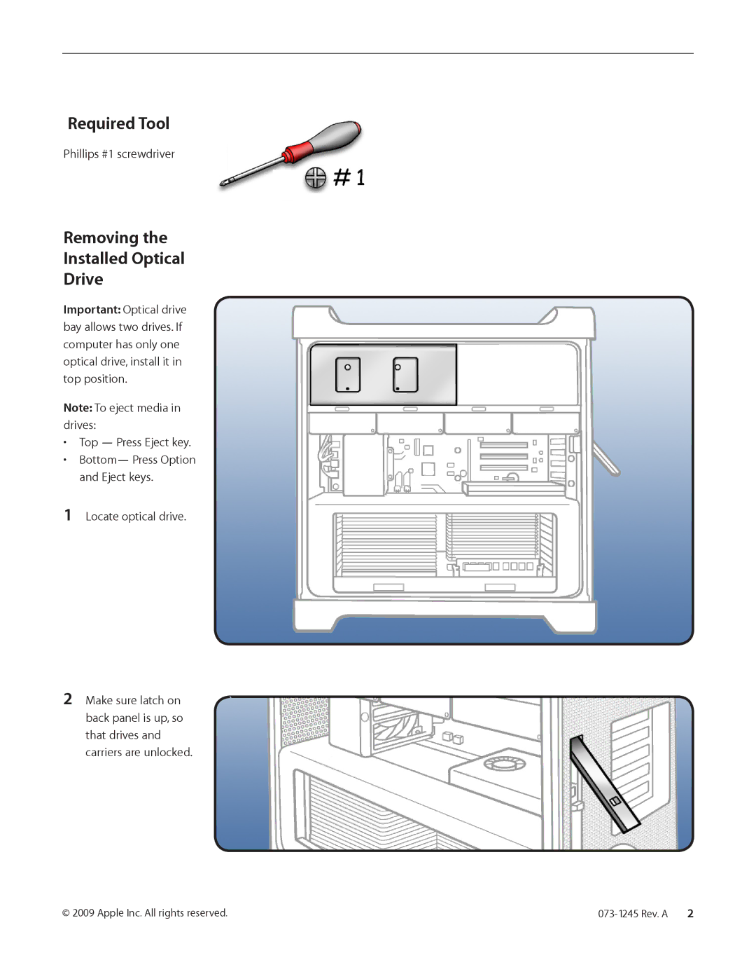 Apple warranty Required Tool, Removing Installed Optical Drive, Phillips #1 screwdriver, Top Press Eject key 