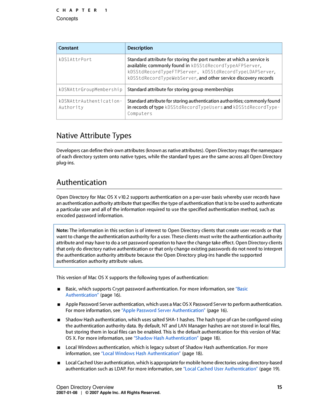 Apple OS X manual Native Attribute Types, Authentication 