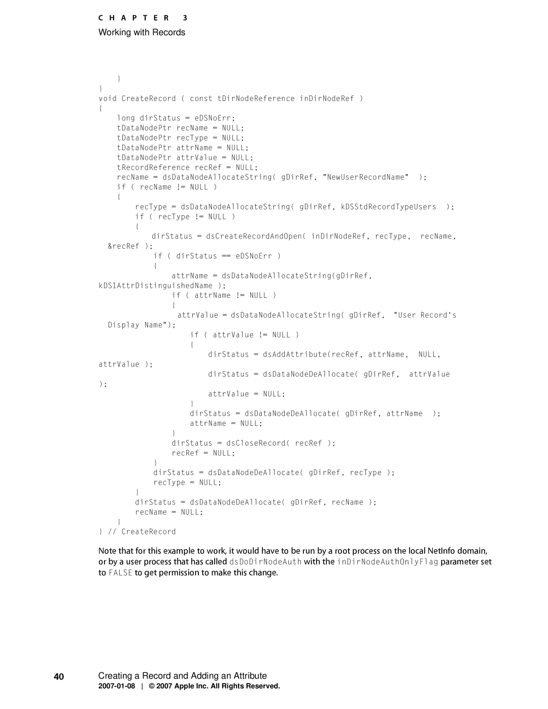 Apple OS X manual Void CreateRecord const tDirNodeReference inDirNodeRef 