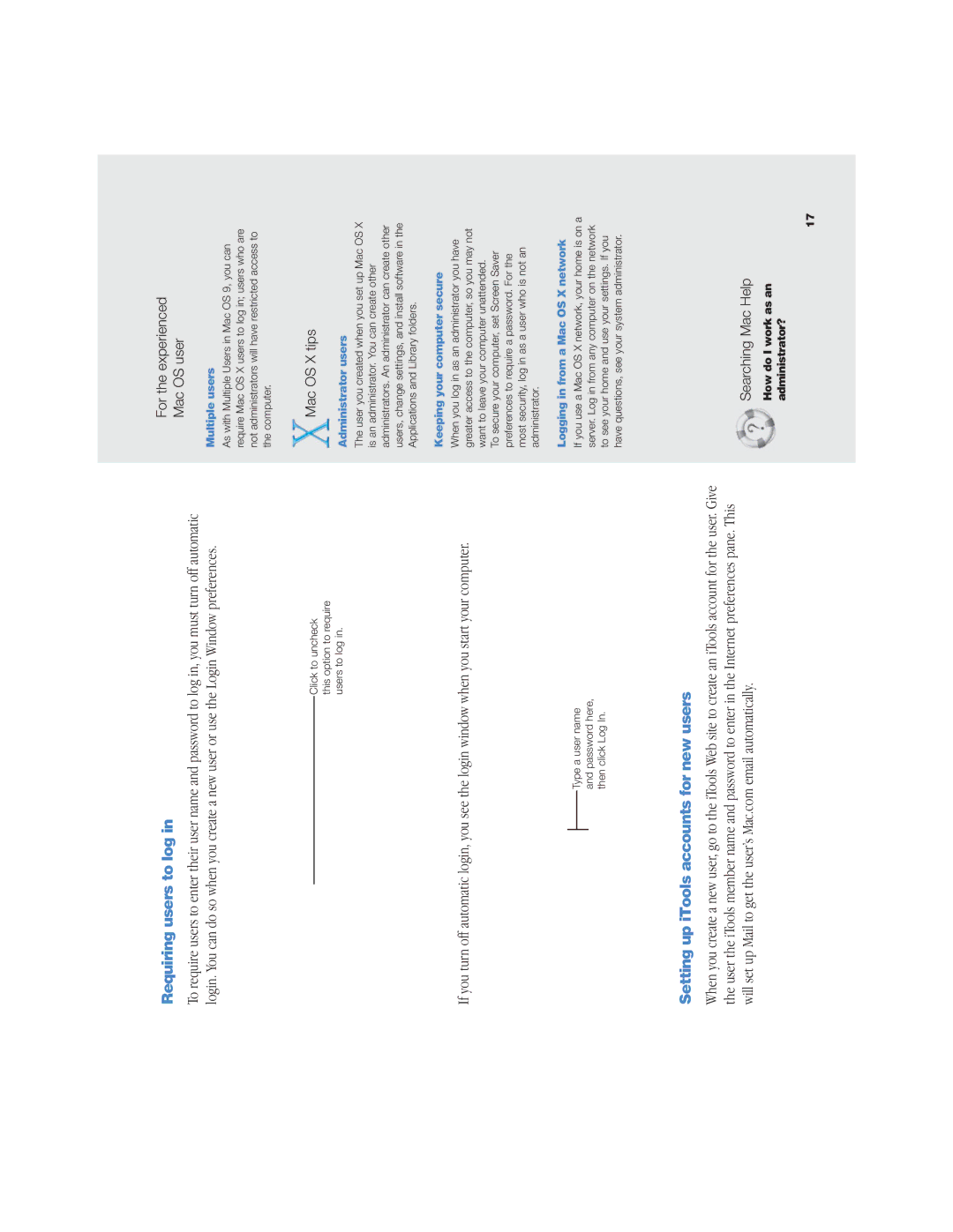 Apple OS X manual Requiring users to log, Setting up iTools accounts for new users 