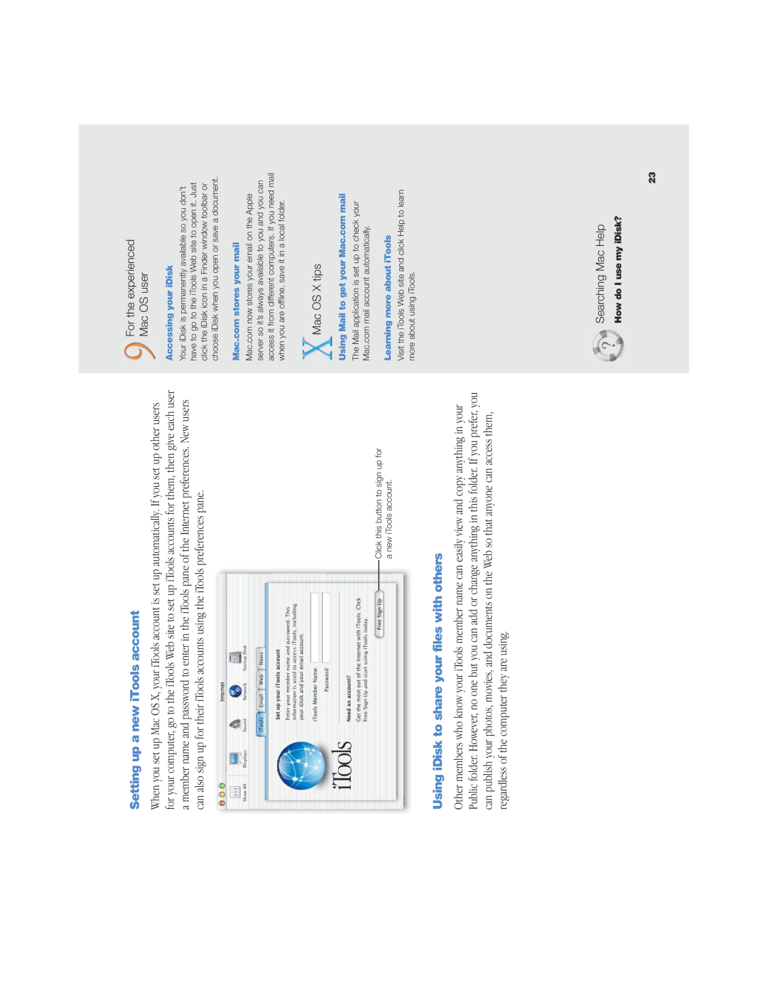 Apple OS X manual Setting up a new iTools account, Using iDisk to share your files with others, Accessing your iDisk 