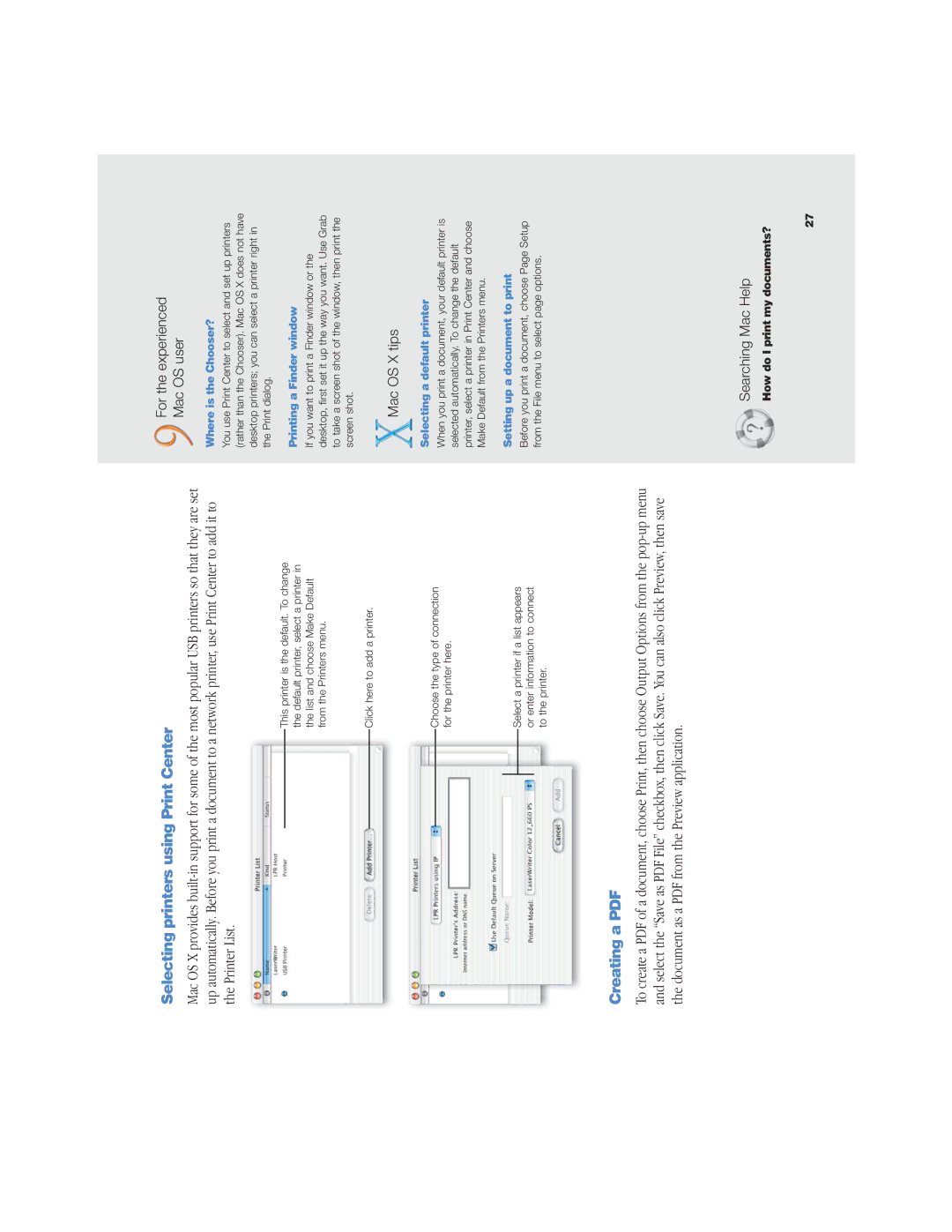 Apple OS X manual Selecting printers using Print Center, Where is the Chooser?, Printing a Finder window 