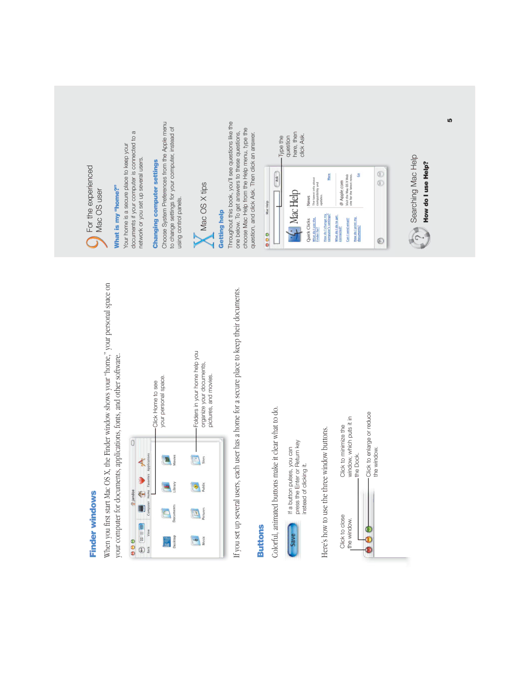 Apple OS X manual Finder windows, Buttons, What is my home?, Changing computer settings, Getting help 