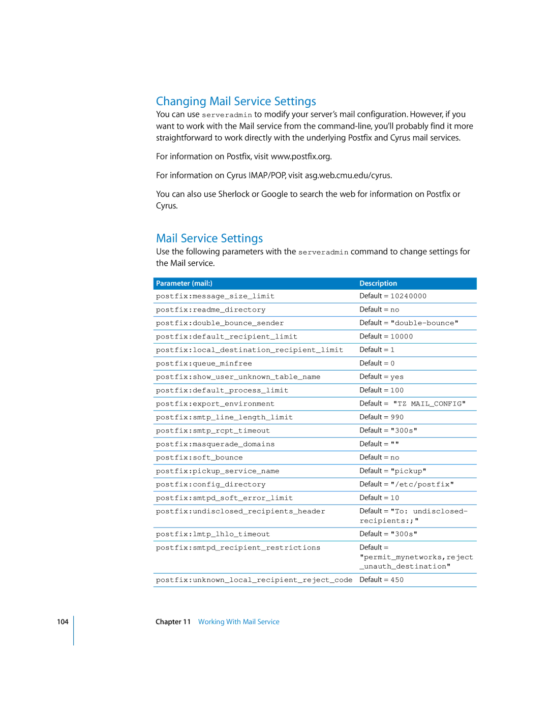 Apple oxs manual Changing Mail Service Settings, Parameter mail Description 