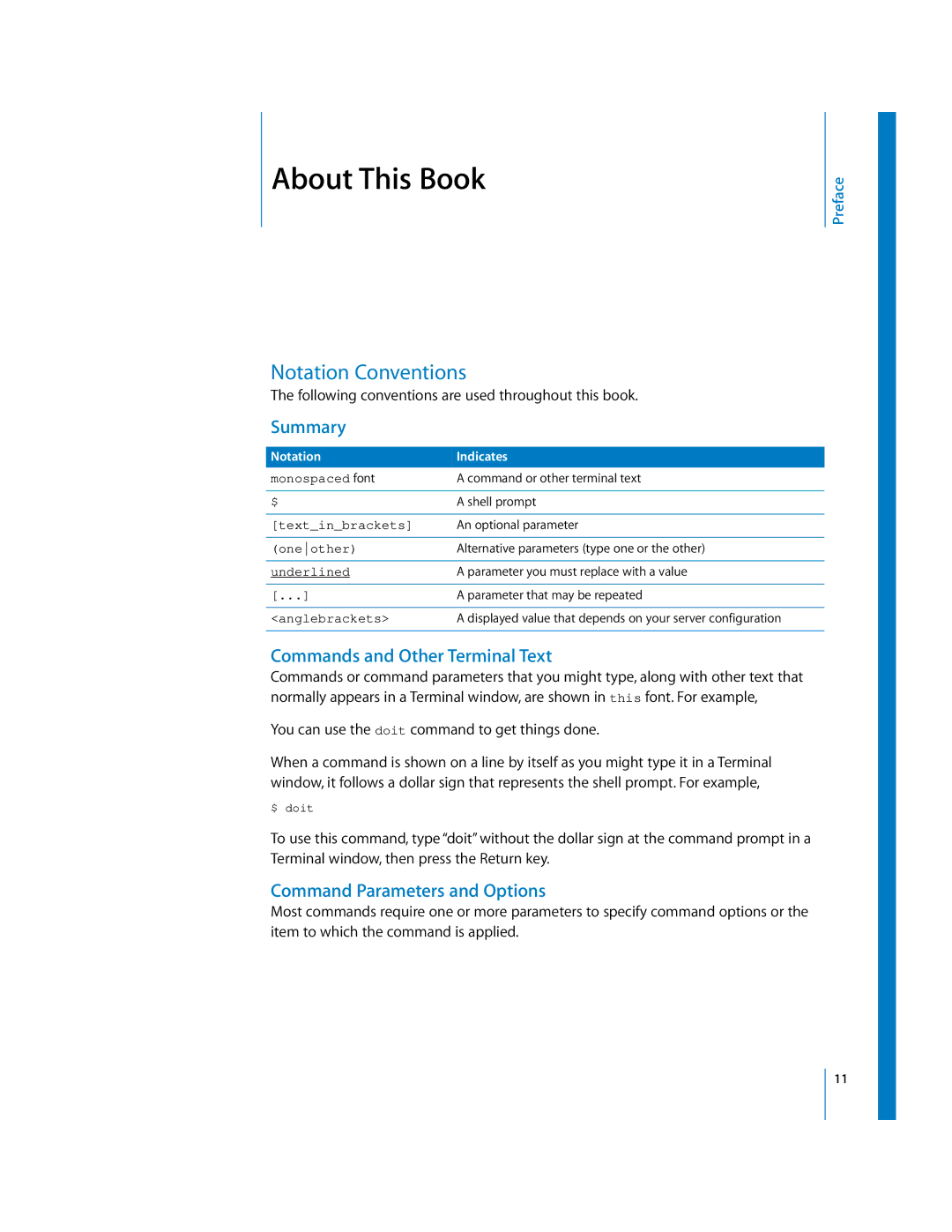 Apple oxs manual Notation Conventions, Summary, Commands and Other Terminal Text, Command Parameters and Options 