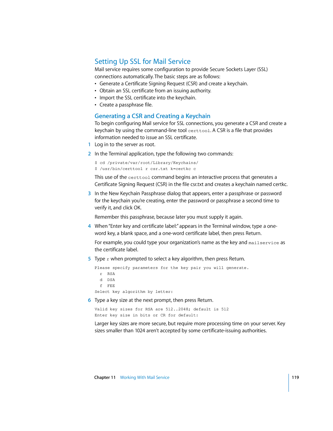 Apple oxs manual Setting Up SSL for Mail Service, Generating a CSR and Creating a Keychain 