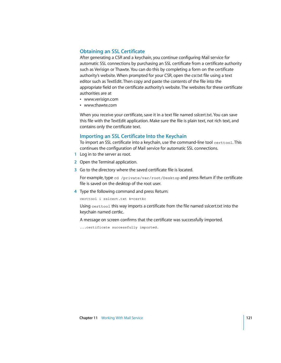 Apple oxs manual Obtaining an SSL Certificate, Importing an SSL Certificate Into the Keychain 